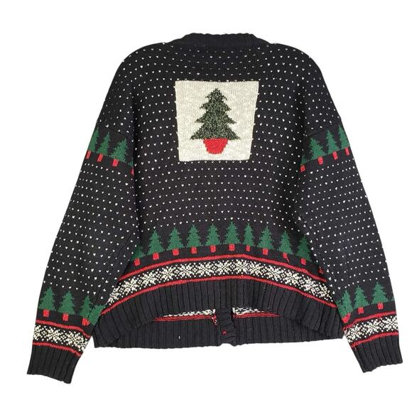 Northern Isles Vtg Cardigan Sweater Women Large Black Christmas Grandma Tree - Picture 3 of 11